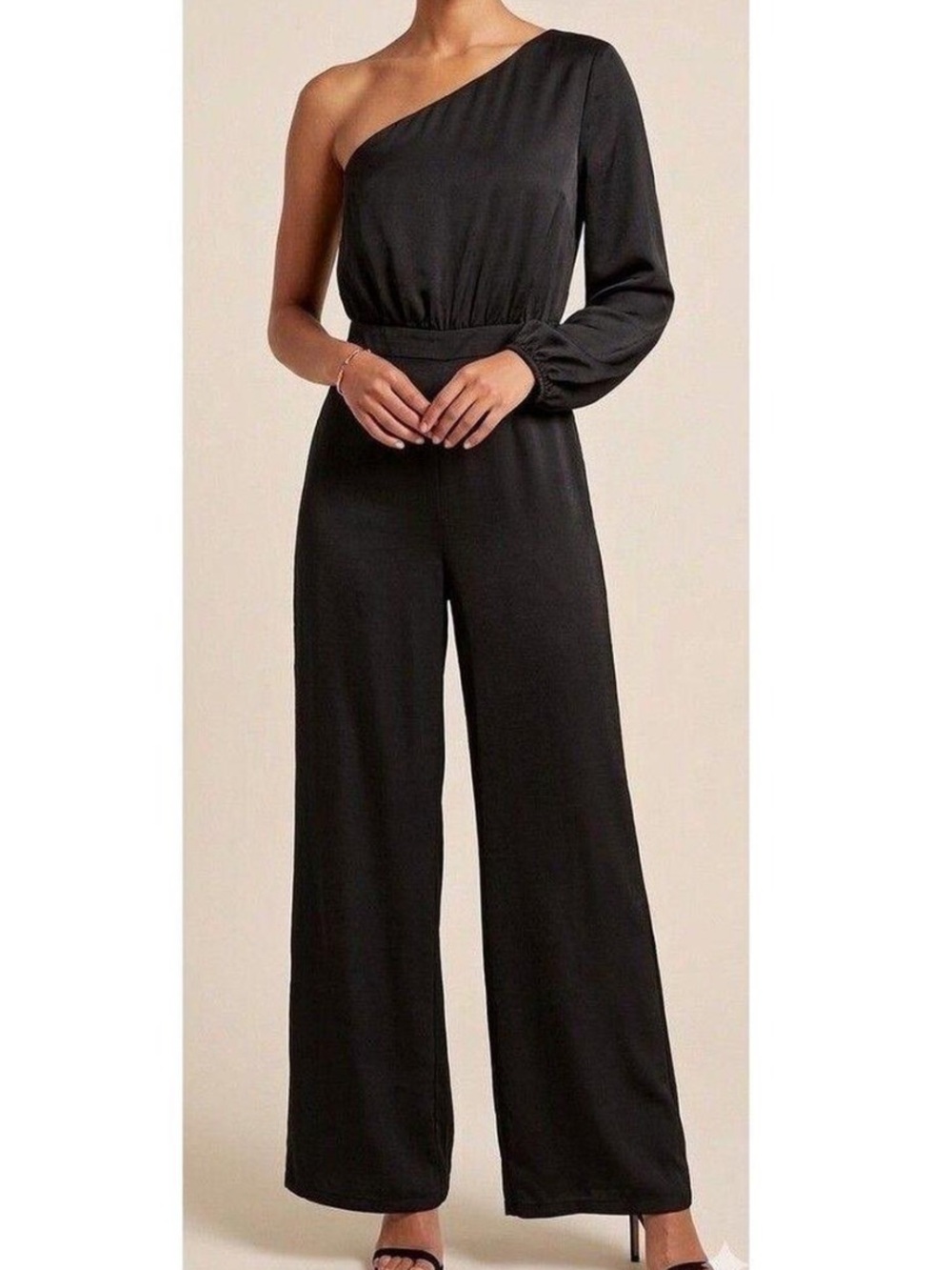 Express Black One-Shoulder Long-Sleeve Jumpsuit